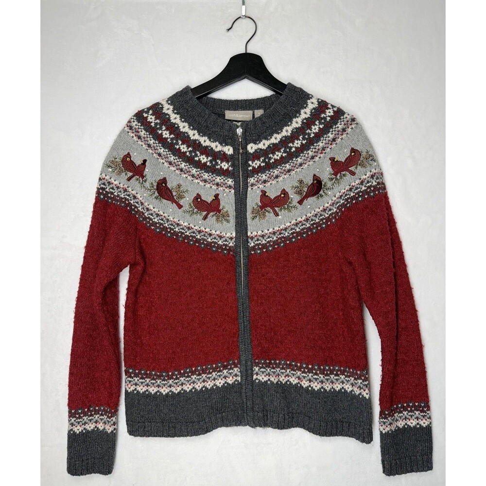 Croft & Barrow Cardinal Bird Fair Isle Zip Cardigan Sweater Wool Blend SMALL Y2K